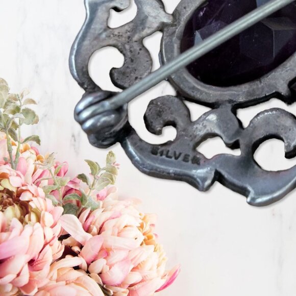 Antique Sterling 925 Silver Amethyst Marcasite Brooch And Earrings Set - Picture 4 of 8